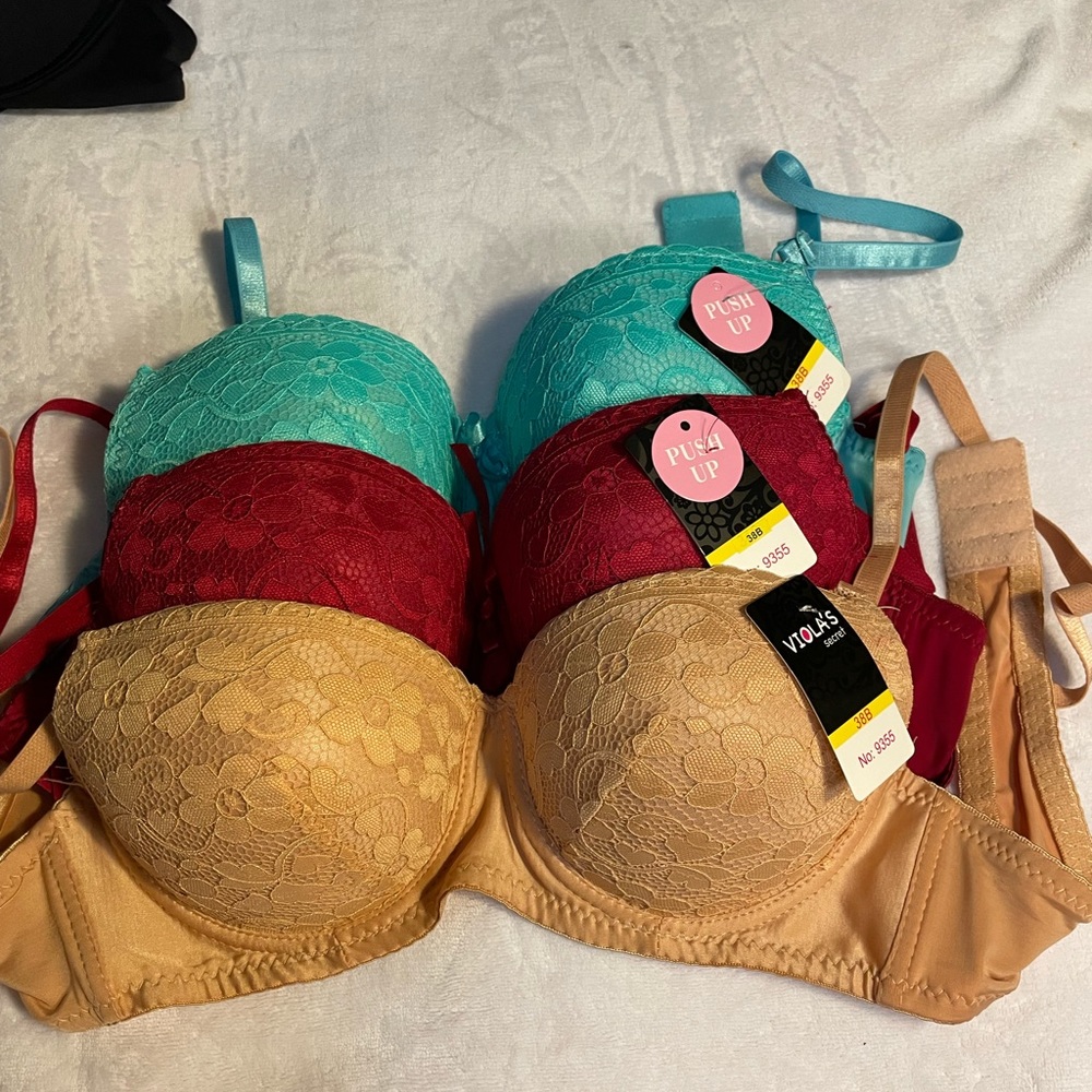 Violas Secret Bras. In nude, baby blue, and burgundy. Size 38B.